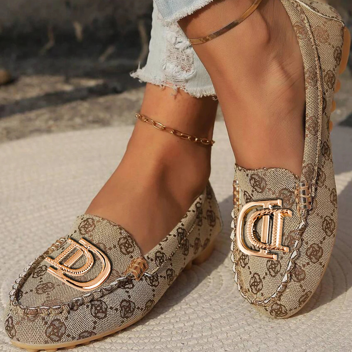 Women's Luxury Pattern Decor Khaki Fashion Flats - 图片 3